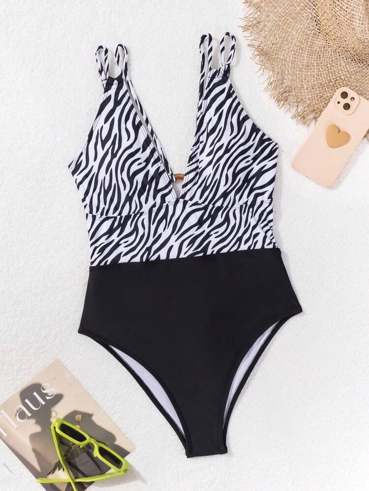 Women Zebra Print Holiday Swimsuit With Printed Double Shoulder Straps And Cami Straps Summer