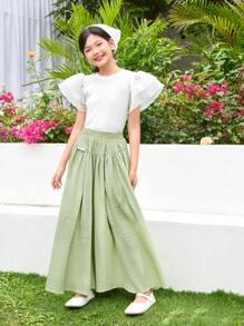 SHEIN Tween Girl Loose Casual Texture Contrast Letter Pattern Skort Design Long Pants - Mint Green - View 6