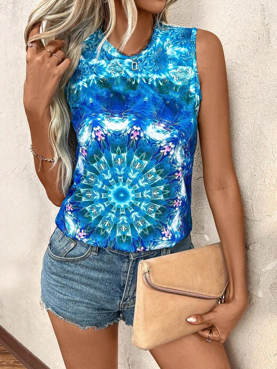 LONESS Áo ba lỗ cổ tròn in hoa mùa hè cho nữ - Màu xanh lam - Xem 1