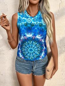 LONESS Áo ba lỗ cổ tròn in hoa mùa hè cho nữ - Màu xanh lam - Xem 5