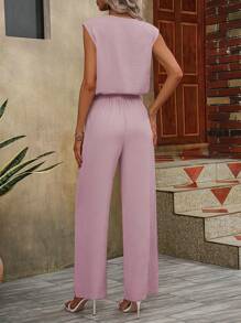 EMERY ROSE Women Solid Color Sleeveless Top With Notch Neckline And Belted Long Pants Set - Pink - View 2