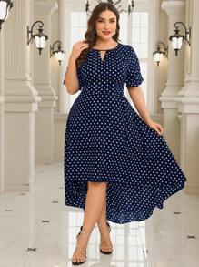 SHEIN Clasi Đầm viền bất đối xứng in họa tiết chấm bi cỡ lớn thanh lịch cho mùa Xuân/Hè - Màu xanh hải quân - Xem 6