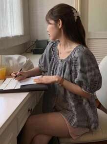 DAZY 女士拼接花邊格紋寬鬆襯衫