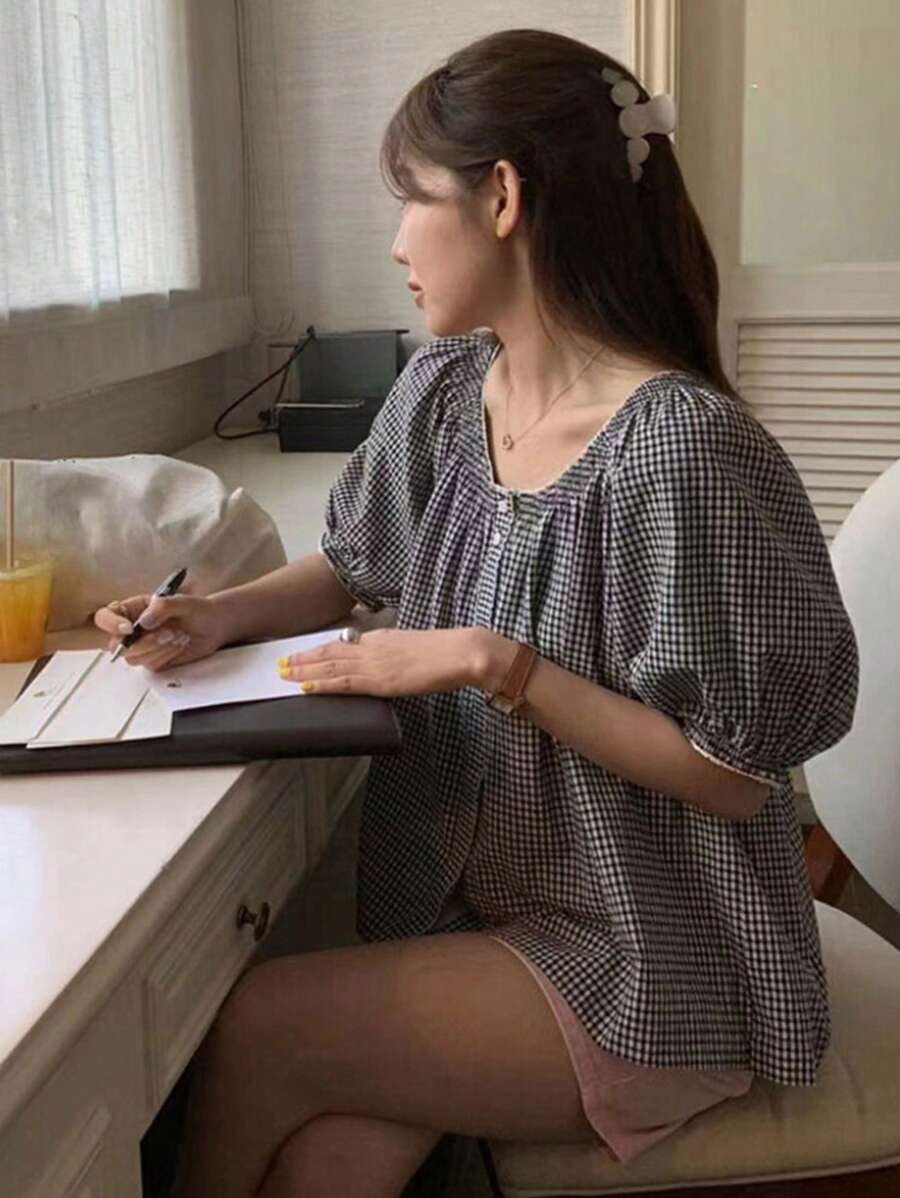 DAZY 女士拼接花邊格紋寬鬆襯衫