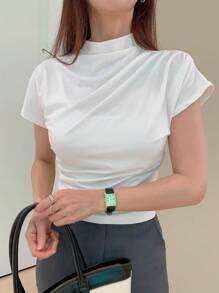 DAZY 女士圓領純色打褶短袖T恤，夏季必備單品 - 白色 - 查看 4