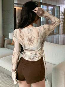 DAZY Women Tie-Dye Printed Side Drawstring Slim Fit Casual T-Shirt Sheer Long Sleeve Women Tops - Multicolor - View 7