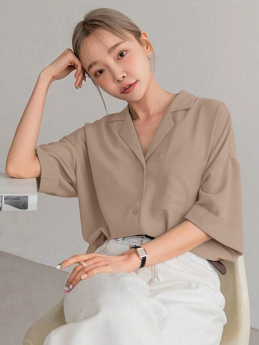 DAZY Women Fashionable Lapel All-Match Shirt - Khaki - View 1
