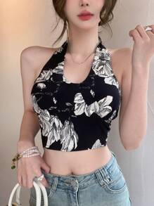 DAZY 女士夏季印花修身露脐吊带背心，波西米亚风上衣，适合节日和外出穿着 - 黑色 - 查看 4