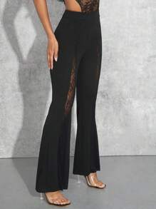 Hauture Lace Panel Sheer Flare Leg Pants For Going Out - Black - View 6