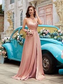 QOQ Sweet Elegant Solid Color Backless Spaghetti Strap Slit Bridesmaid Gown Dresses For Wedding, Evening Party - Baby Pink - View 3