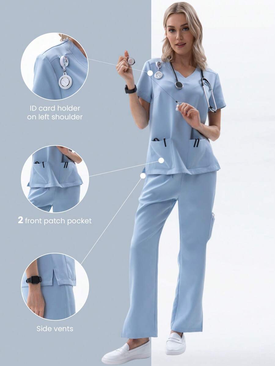 TaskEZ Conjunto de uniforme de enfermera de 2 piezas para mujer con parte superior de cuello en V elástica y fresca, y pantalón cargo, conjunto de uniforme de enfermera de verano con parte superior de manga corta y pantalón dividido - Azul - Ver 1