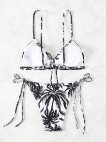 SHEIN Swim 熱帶隨機印花側綁比基尼套裝 - 黑與白 - 查看 2