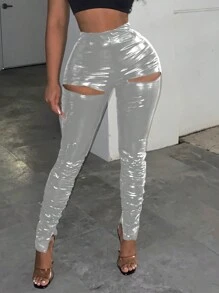 Slaydiva Pantalon  synthétique élastique moulant réfléchissant sexy et creusé à la taille haute pour fesses en forme de pêche