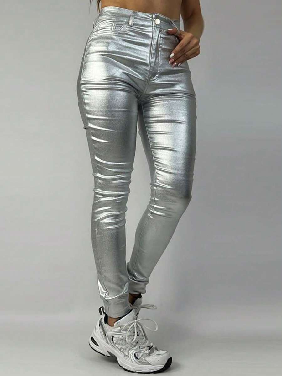 Apperloth A High Waist PU Leather Skinny Trousers - Silver - View 1