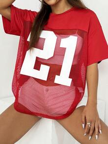 SHEIN EZwear 夏季數字印花寬鬆T恤，網眼拼接，隊伍設計