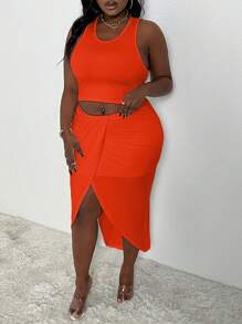 Slaydiva Summer Solid Color Cropped Tank Top And Asymmetrical Hem Bodycon Skirt Plus Size Women 2 Pieces Set,Holiday Outfits - Orange - View 3
