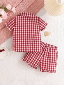Young Girls' Tartan Red Home Clothes Set, Including Short Sleeved Top And Shorts With Ruffled Hemmed Sleeves - Red and White - View 2