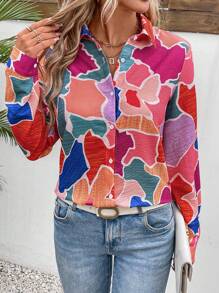 SHEIN LUNE Holiday Leisure Color Block Printed Long Sleeve Shirt Fall Cloth For Women - Orange - View 5