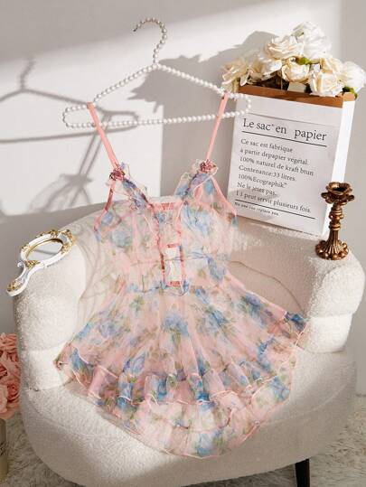 1pc Printed Mesh Sexy Lingerie Dress For Women