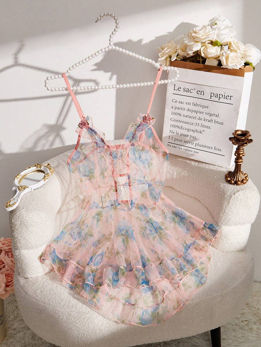 1 件女式印花网眼性感内衣连衣裙 - 彩色 - 查看 1