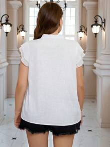 SHEIN Clasi 大碼女士夏季純色 V 領燕脂袖寬鬆襯衫 - 白色 - 查看 2
