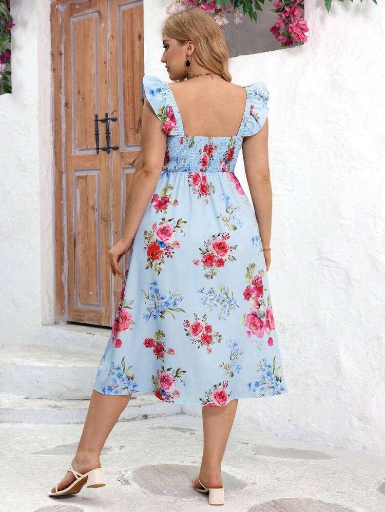 Plus Size Summer Vacation Style Floral Print Halter Neck Sleeveless Dress With Ruffle Split Hem