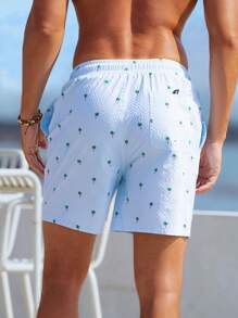 Manfinity Swimmode Men Textured Stripe Coconut Tree Printed Summer Drawstring Waist Beach Shorts,Hawaiian - Baby Blue - View 2