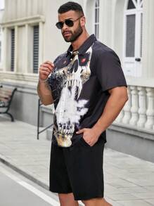 Manfinity LEGND Conjunto de camisa y pantalones cortos de primavera y verano casuales con estampado de calaveras para hombres de talla grande - Multicolor - Ver 3