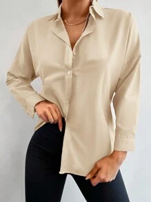 Cottnline Solid Drop Shoulder Shirt For Spring & Autumn - Apricot - View 5