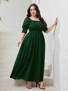 Modelyn 大码女式夏季度假风格印花方领短款泡泡袖长款优雅连衣裙 - 綠色 - 查看 1