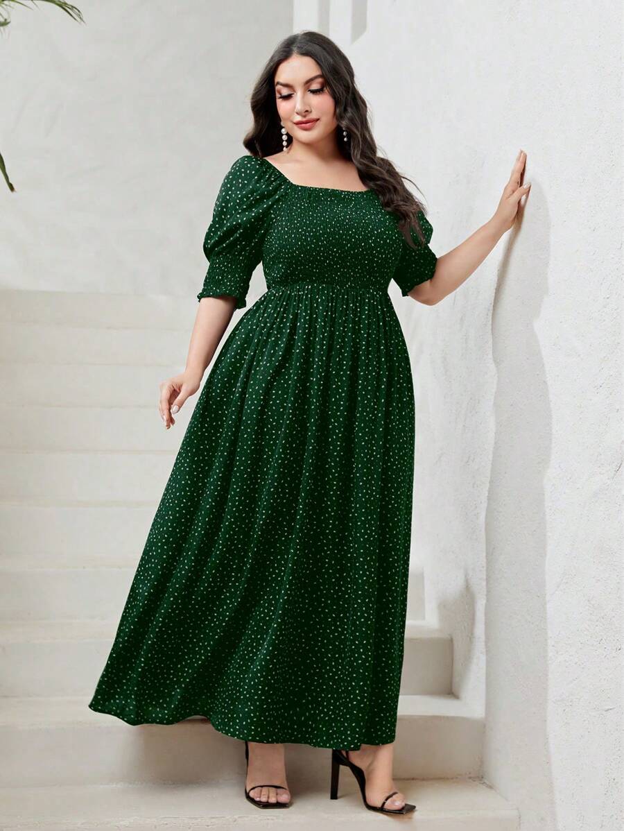 Modelyn 大码女式夏季度假风格印花方领短款泡泡袖长款优雅连衣裙 - 綠色 - 查看 1
