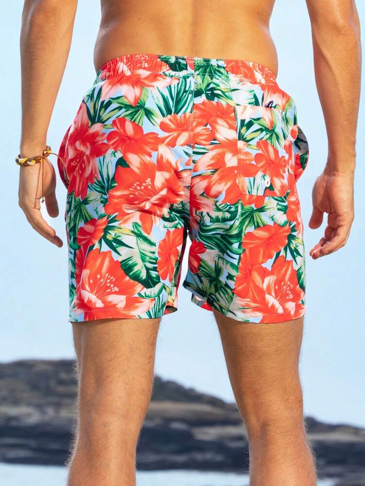 Men Tropical Printed Drawstring Waist Summer Holiday Beach Shorts
