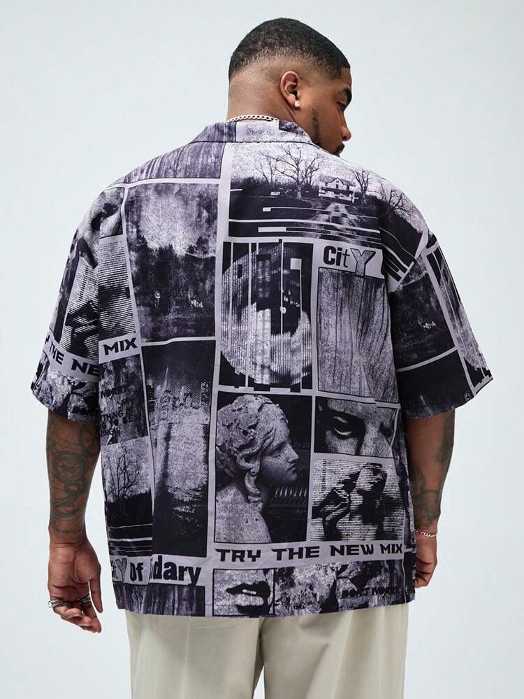 Men Plus Size Patchwork Printed Casual Short-Sleeve Shirt