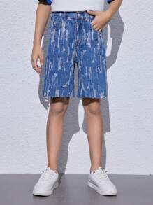 Tween Boy Hollow Out Mid-Blue Washed Denim Shorts With Personalized Design - Medium Wash - View 1