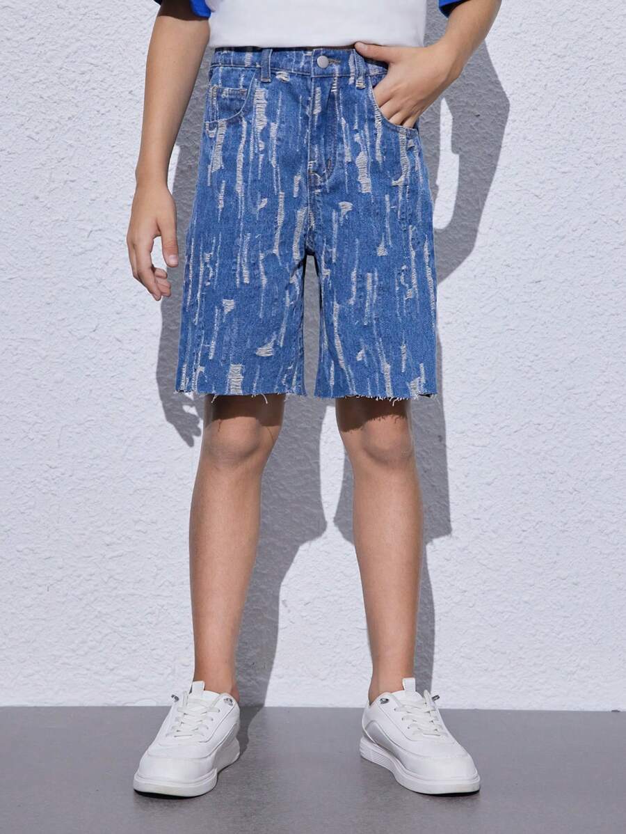 Tween Boy Hollow Out Mid-Blue Washed Denim Shorts With Personalized Design - Medium Wash - View 1