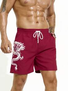 Manfinity Swimmode Men Dragon Print Drawstring Waist Beach Shorts - Red - View 1