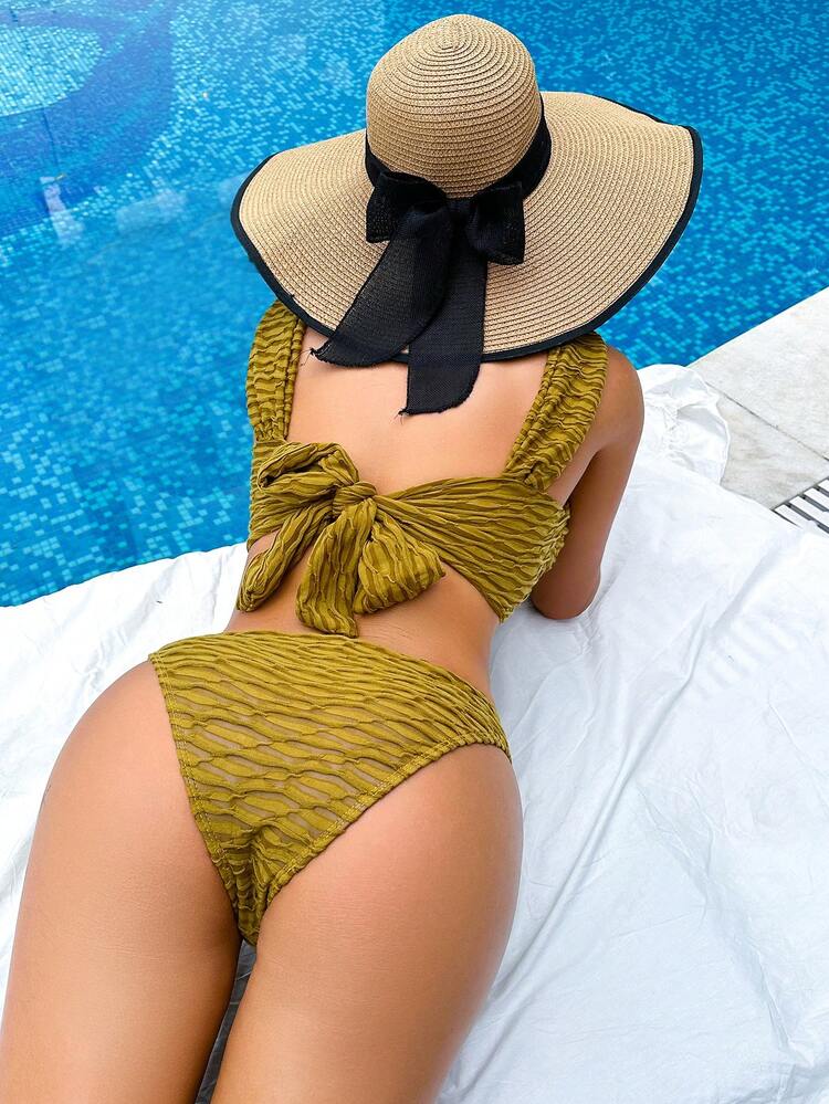 Ladies Solid Color Texture Back Knotted Bikini Set Summer