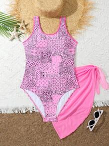 少女洋紋單件游泳衣，夏季泳衣，適用於海灘、游泳池 - 彩色 - 查看 1