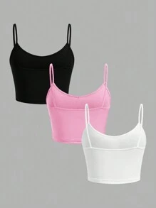 SHEIN EZwear 3 piezas Tops de tirantes casuales y cortos, ajuste ceñido, adecuados para el verano, mujeres