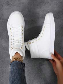 Giày thể thao cổ cao buộc dây in chữ tối giản cho nữ, giày thể thao phối màu unisex cho cặp đôi - trắng - Xem 5