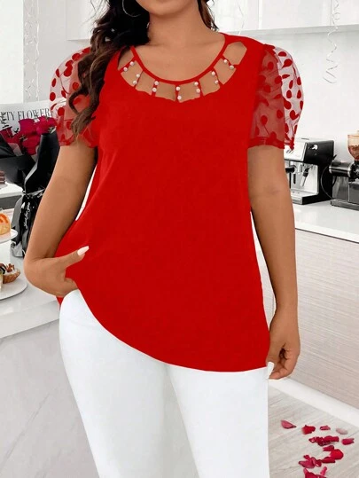 Rometta Plus Size Round Neck Mesh Contrast Solid Color Short Sleeve T-Shirt For Summer For New Year Clothes Graphic Tees Women Tops