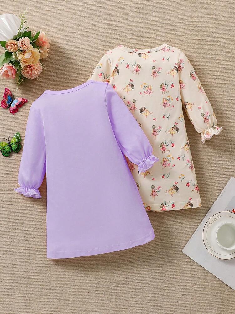 2pcs/Set Infant Girls' Flower Print Long Sleeve Doll Face Sleep Dress, Home Clothes