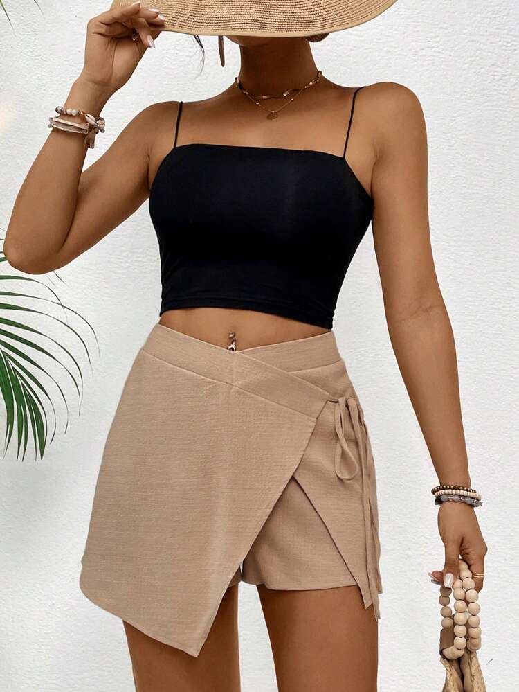 Vacation Solid Color Asymmetrical Hem High Waist Fitted Women Shorts Skirt For Summer