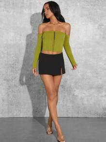 Hauture Off Shoulder Hook & Eye Knit Top - Black and White - View 4