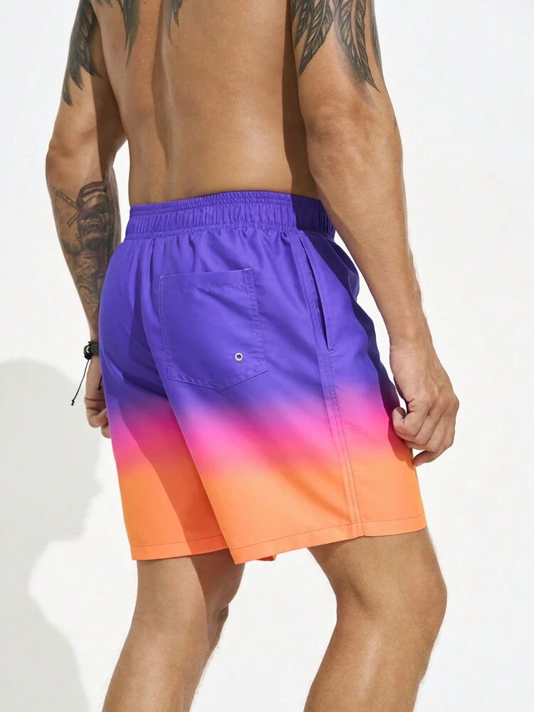 Men Gradient Drawstring Waist Summer Holiday Loose Beach Shorts