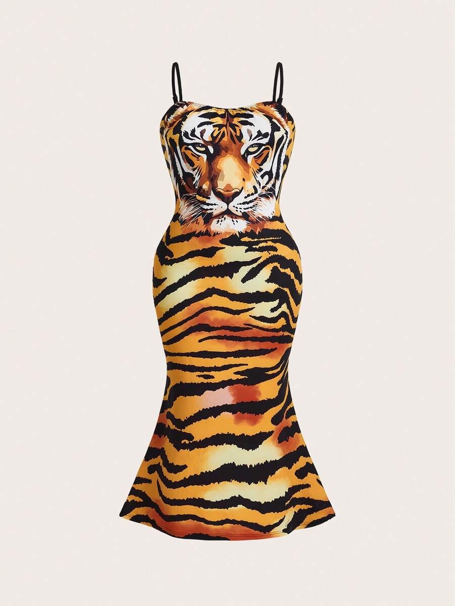 SHEIN ICON Perspective Lace Sexy Fish Tail Plus-Size Camisole Dress - Multicolor - View 1