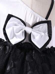 Baby Girls' Fashionable Glamorous Bowknot & Mesh Splice Asymmetrical Collar Dress For Spring/Summer