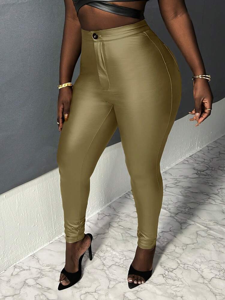 Casual Solid Color Coated Slim Fit Long Pants
