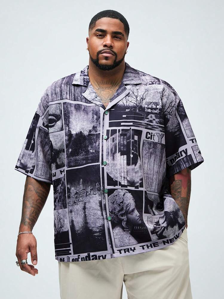 Men Plus Size Patchwork Printed Casual Short-Sleeve Shirt
