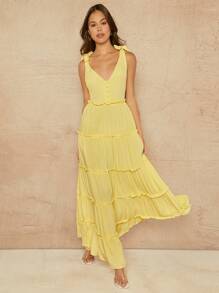 L'Amorae Tiered Frill Tie Strap Button Maxi Summer Dress - Yellow - View 5